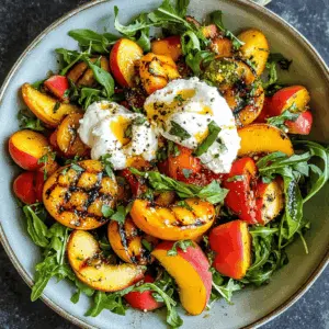 Enjoy the perfect summer salad with this Grilled Peach and Burrata Salad! Juicy, sweet peaches are enhanced by grilling, and pairing them with creamy burrata creates a delightful contrast. Tossed with fresh greens and a drizzle of balsamic glaze, this dish is ideal for picnics or outdoor gatherings. Save this recipe to impress your guests at your next event!