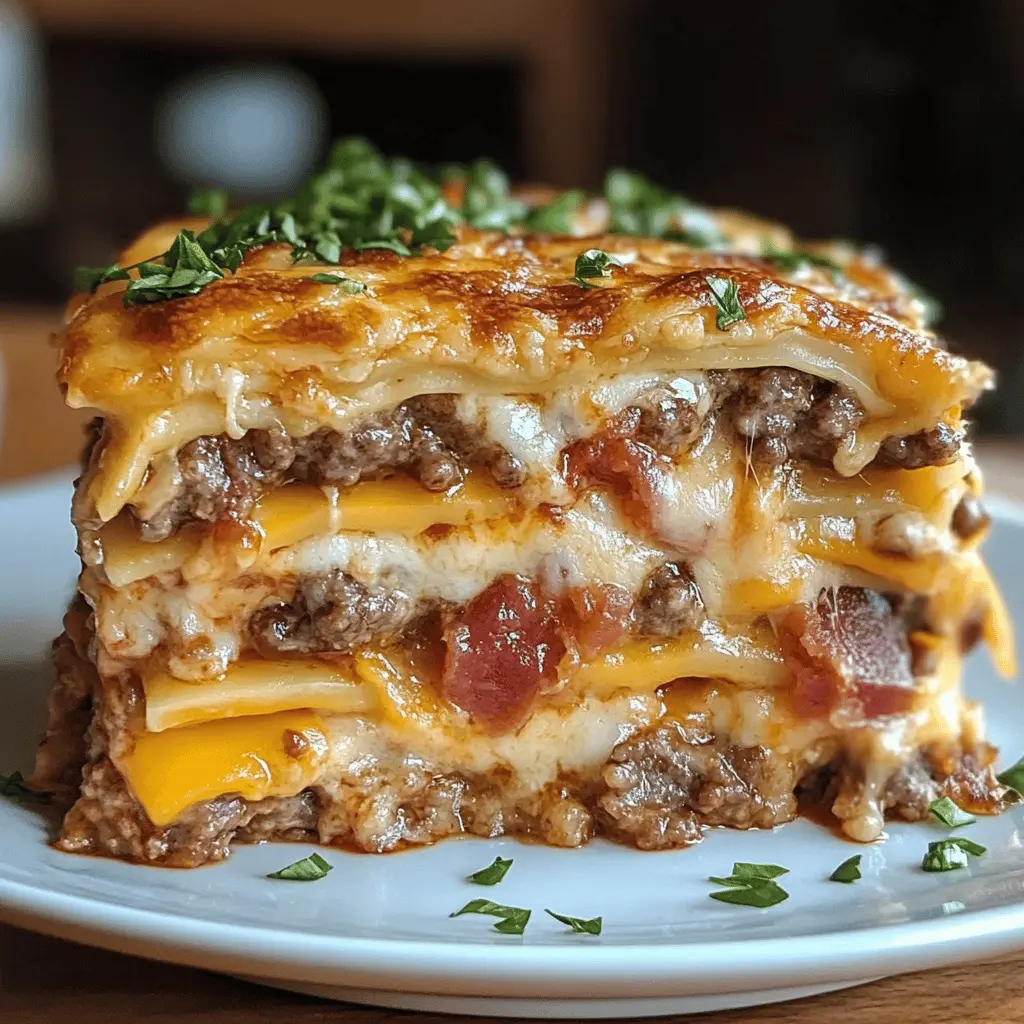 This Parmesan Garlic Bacon Cheeseburger Lasagna is a mouthwatering twist on two classics! With layers of rich meat sauce, gooey cheese, and crispy bacon, it's a comfort food lover's dream. Perfect for weekend gatherings or a cozy family dinner, this dish will impress everyone at the table. Save this pin to recreate this deliciously cheesy lasagna recipe for your next meal!