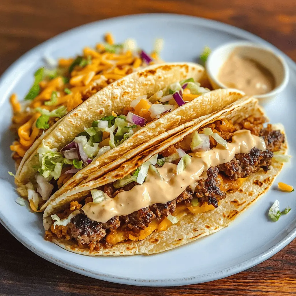 These Smash Burger Tacos are a fun twist on classic flavors! Juicy, crispy burger bites nestled in warm tortillas topped with cheese, lettuce, and your favorite sauces create a delicious blend of tastes in every bite. Perfect for Taco Tuesday or game day gatherings! Save this recipe for an unforgettable meal that will impress your friends and family!