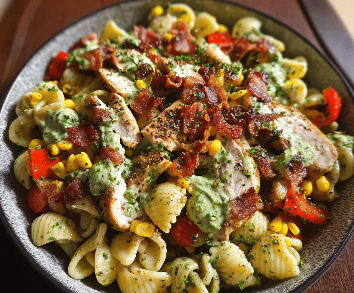 Easy Chicken Corn Pasta Salad with Creamy Pesto & Bacon