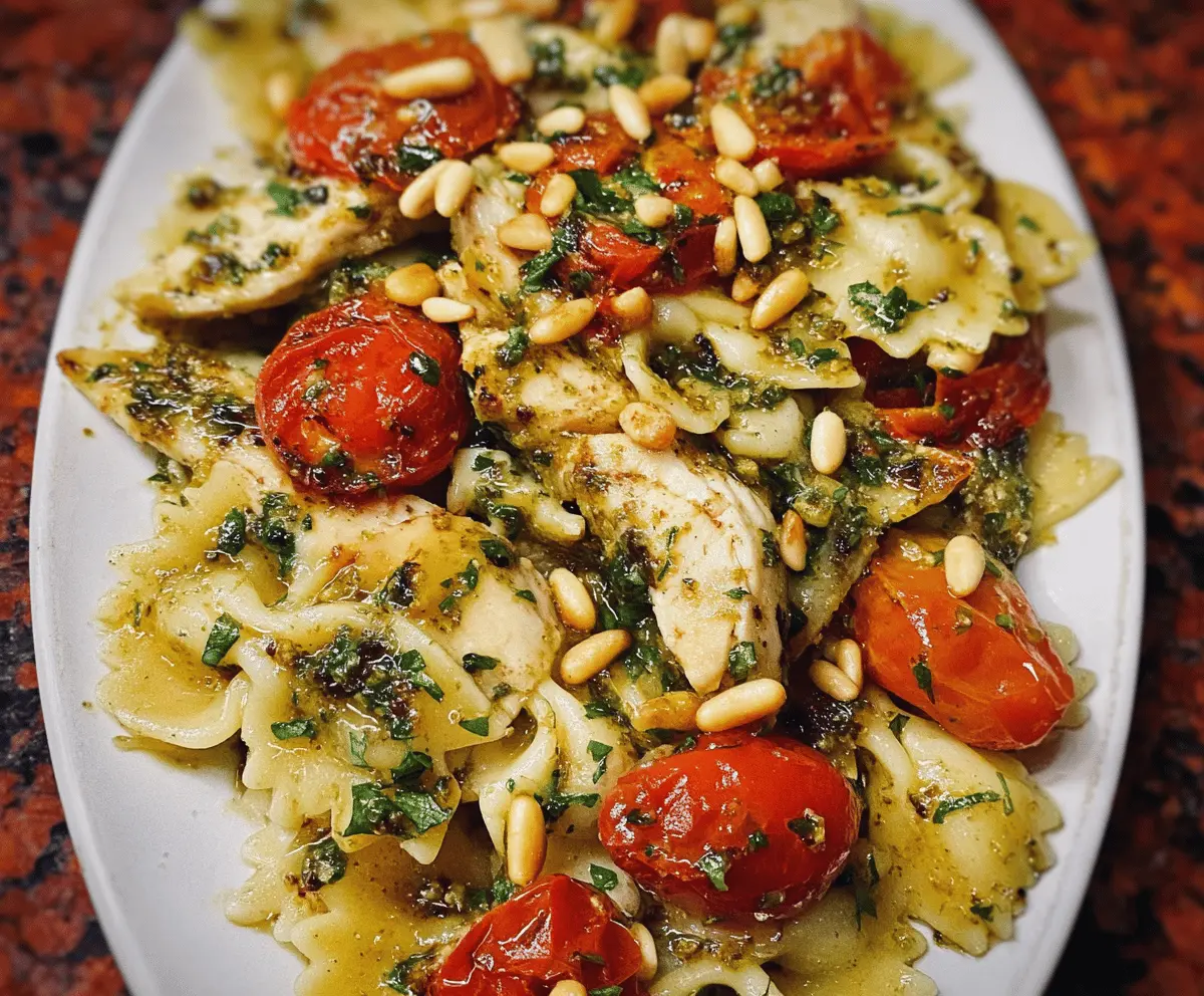 Easy Chicken Pesto Pasta with Tomatoes and Pine Nuts