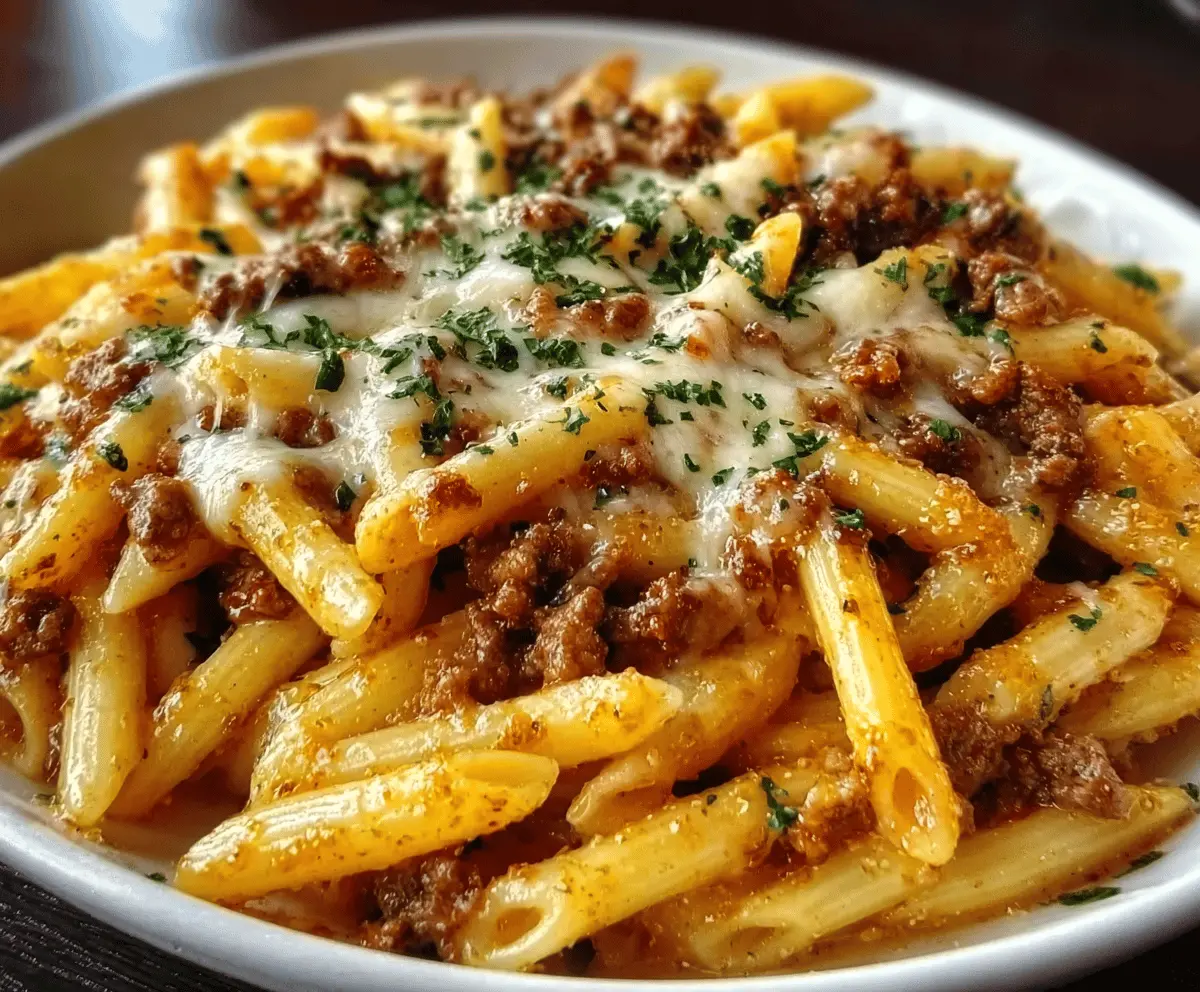 Cheesy Penne with Garlic Butter Ground Beef Recipe