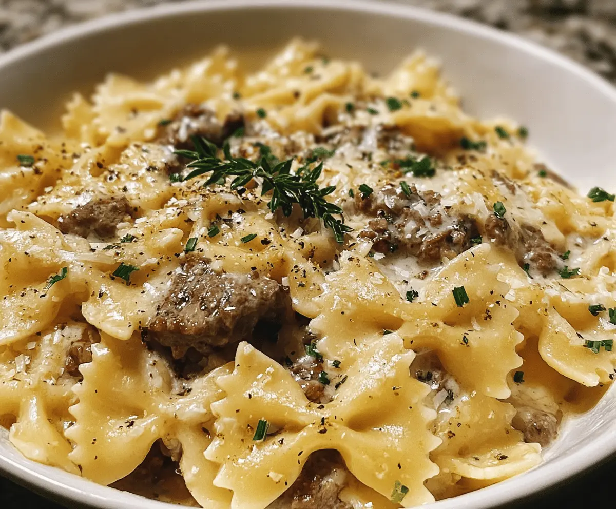 Creamy Garlic Parmesan Bowtie Pasta with Beef