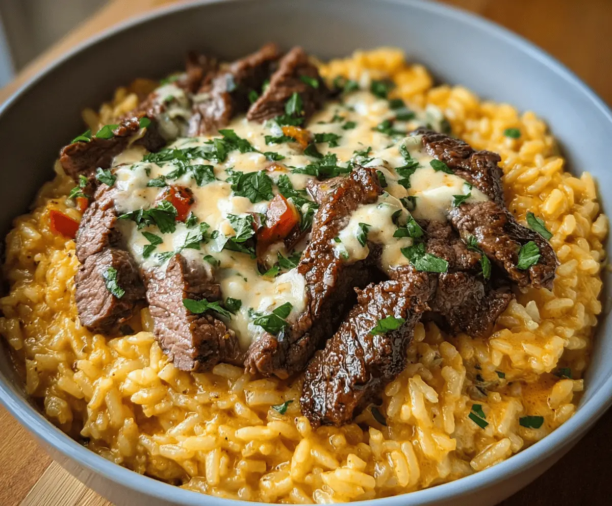 Creamy Queso Rice with Tender Steak Strips