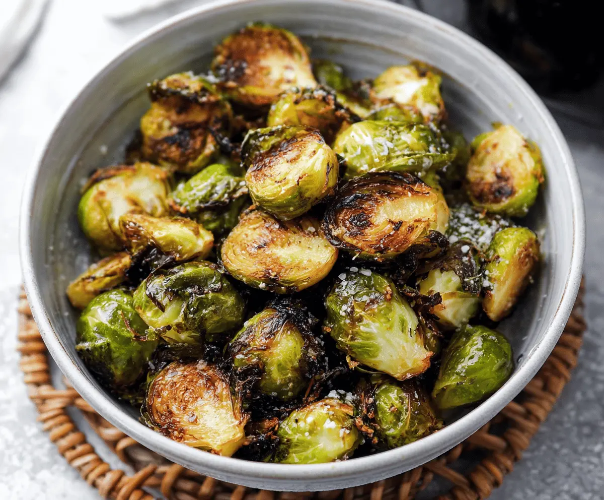Crispy roasted Brussels sprouts cooked in an air fryer, ready to serve as a healthy side dish