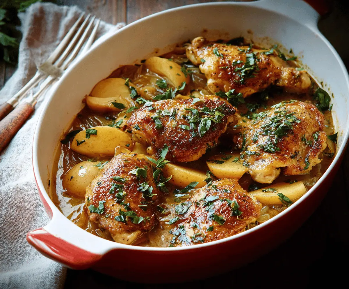 Juicy apple cider chicken simmering in a skillet with fresh herbs and apples, perfect for a flavorful fall dinner.