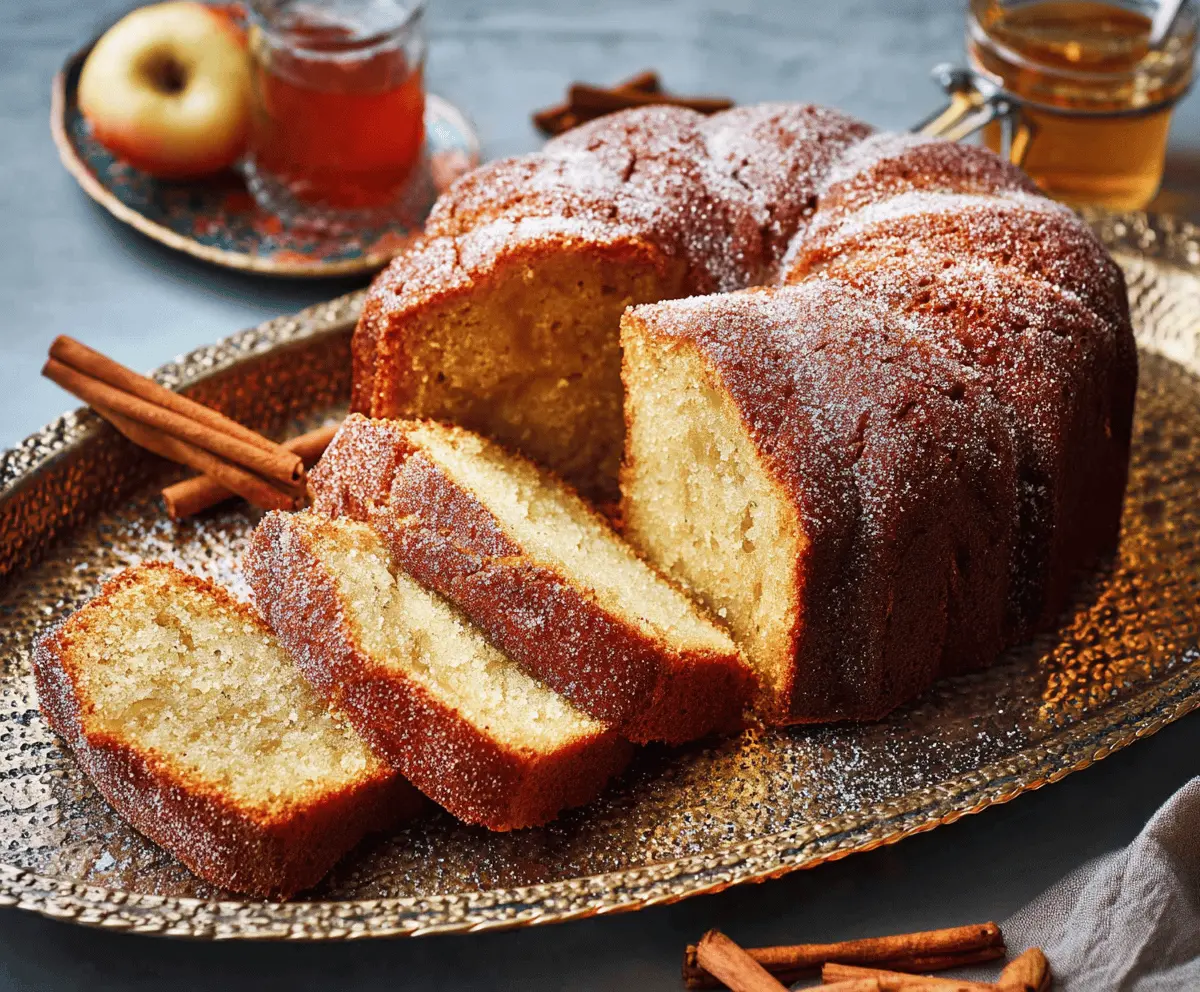 Delicious homemade apple cider pound cake topped with fresh apple slices and cinnamon, perfect for fall desserts