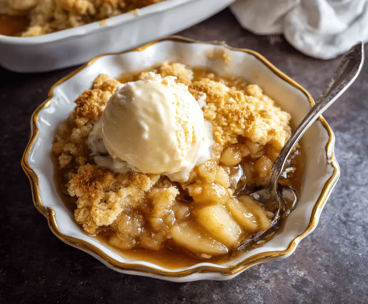 Delicious homemade apple cobbler topped with golden-brown crust, served in a baking dish, perfect for fall desserts.