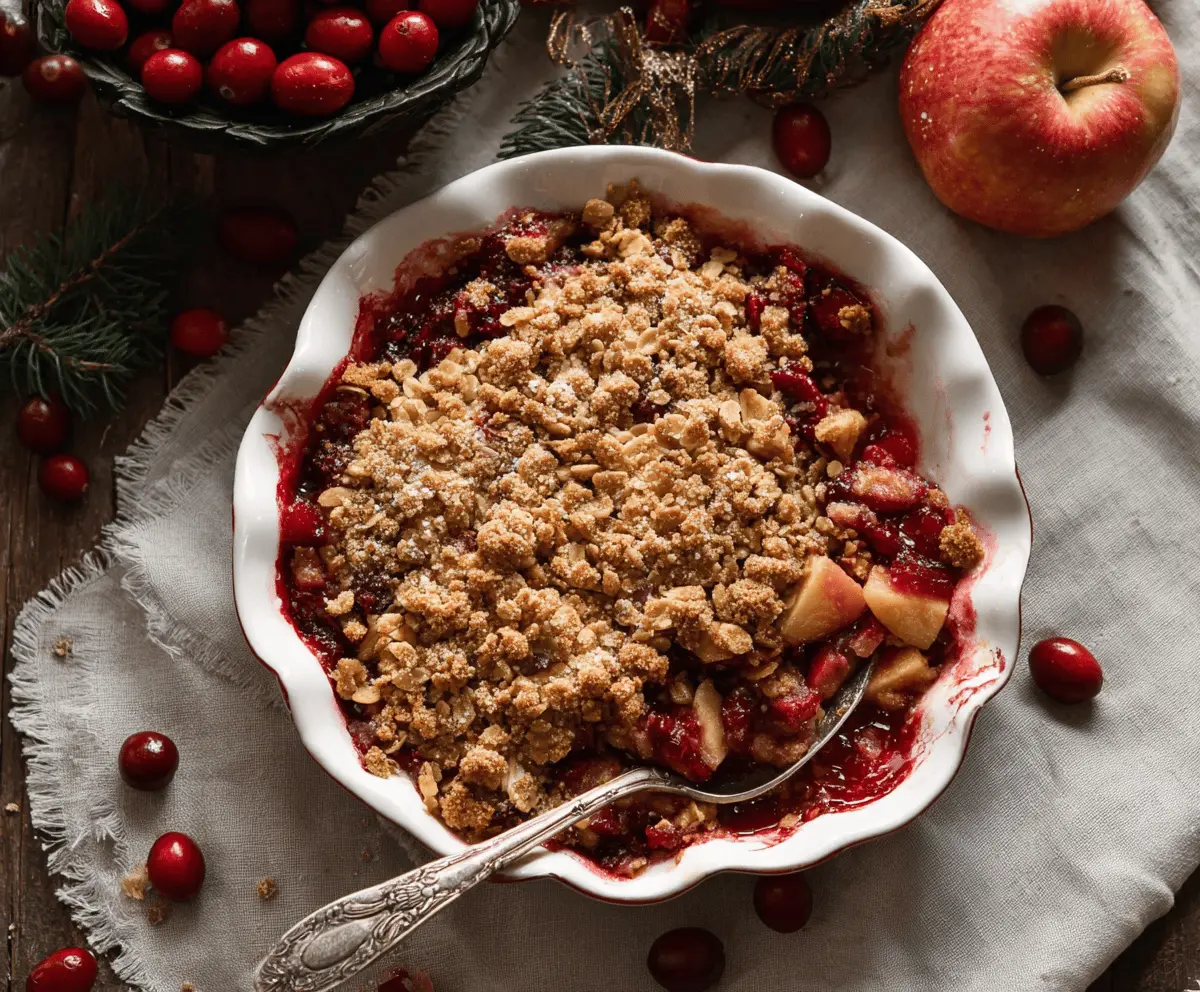 Delicious homemade apple cranberry crisp topped with golden brown crumble, served with vanilla ice cream on a rustic plate.