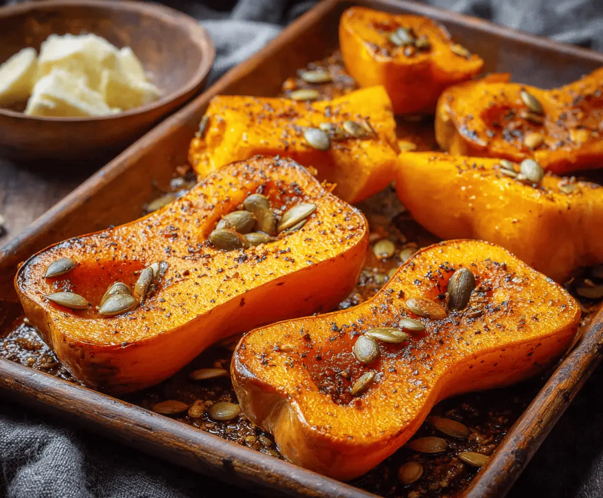 Golden baked butternut squash topped with cinnamon butter, served as a delicious and comforting autumn side dish