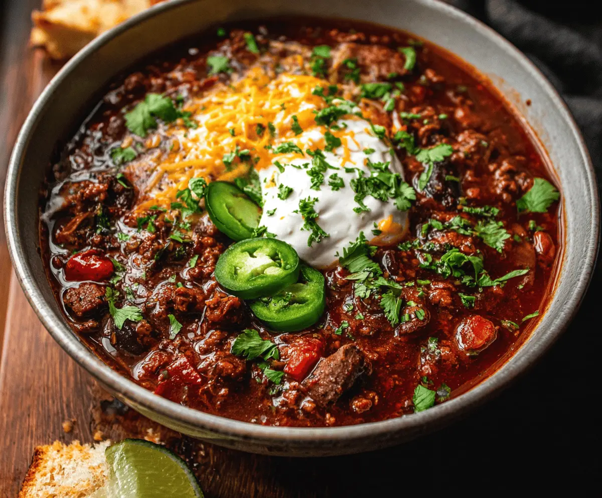 A hearty bowl of beef chili topped with shredded cheese, diced onions, and fresh cilantro, served with tortilla chips.