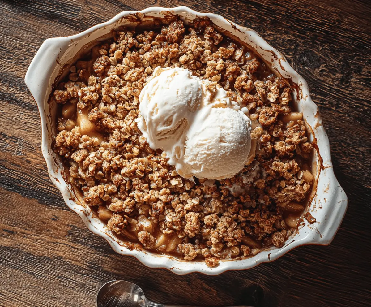 Delicious homemade Bourbon Apple Crisp topped with golden brown crust and fresh apple slices, perfect for dessert