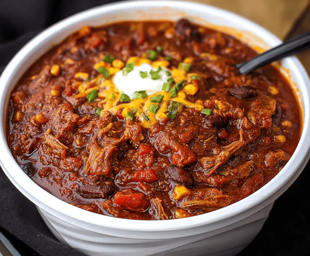 Hearty homemade brisket chili topped with shredded cheese and fresh cilantro in a bowl, perfect for a comforting meal.