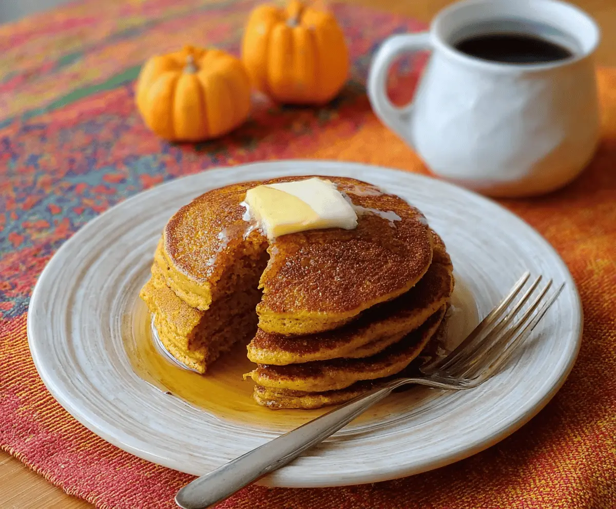 Fluffy buttermilk pumpkin pancakes topped with maple syrup and fresh cinnamon, served on a white plate for a cozy fall breakfast.