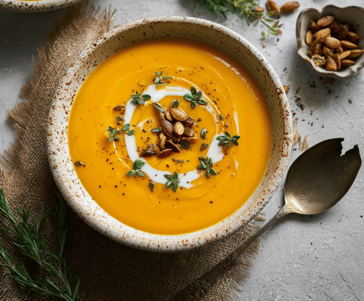 Creamy butternut squash soup garnished with fresh herbs in a rustic bowl, perfect for a cozy fall meal.