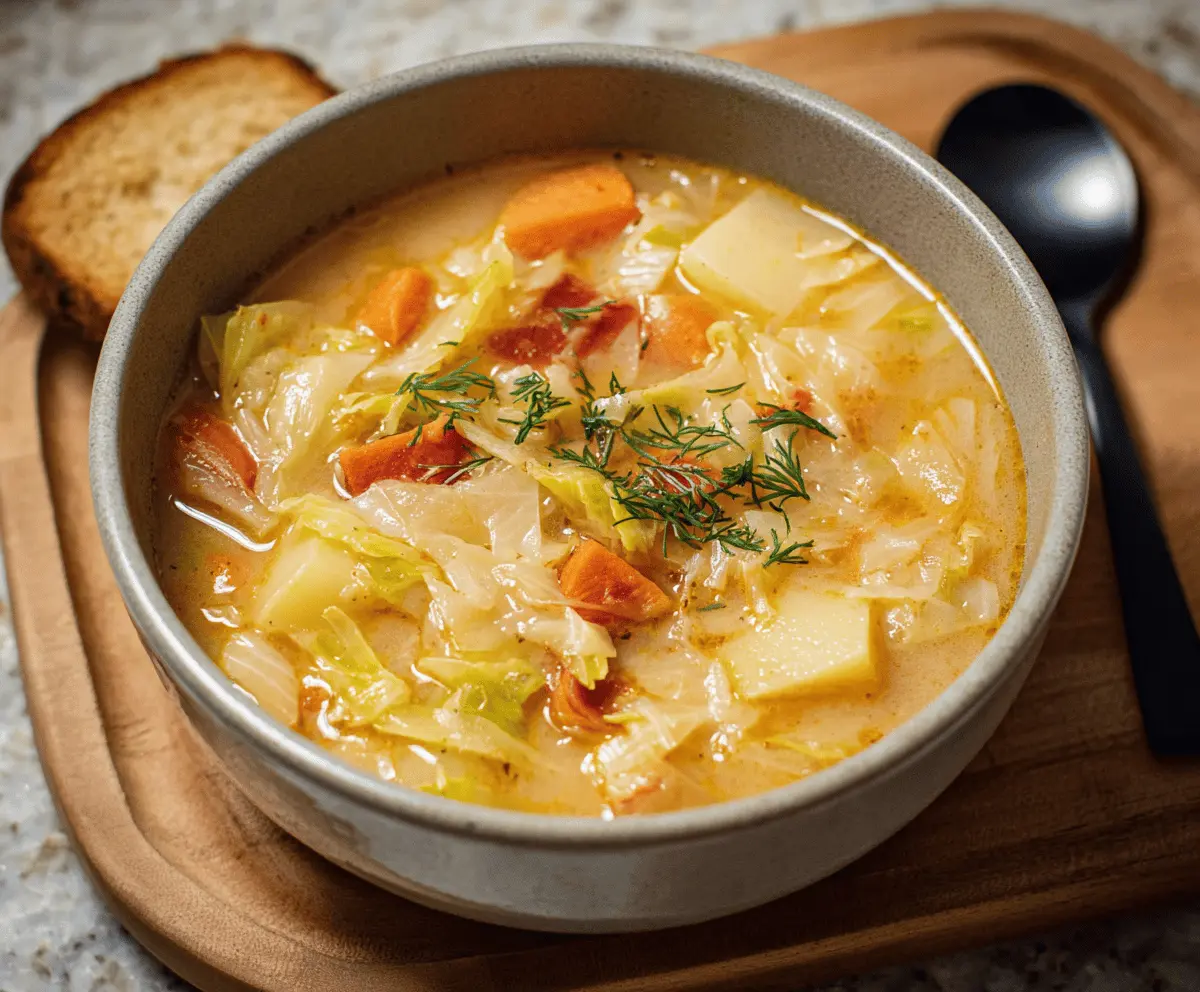 A bowl of warm cabbage potato soup garnished with fresh herbs, served with crusty bread on a rustic wooden table.