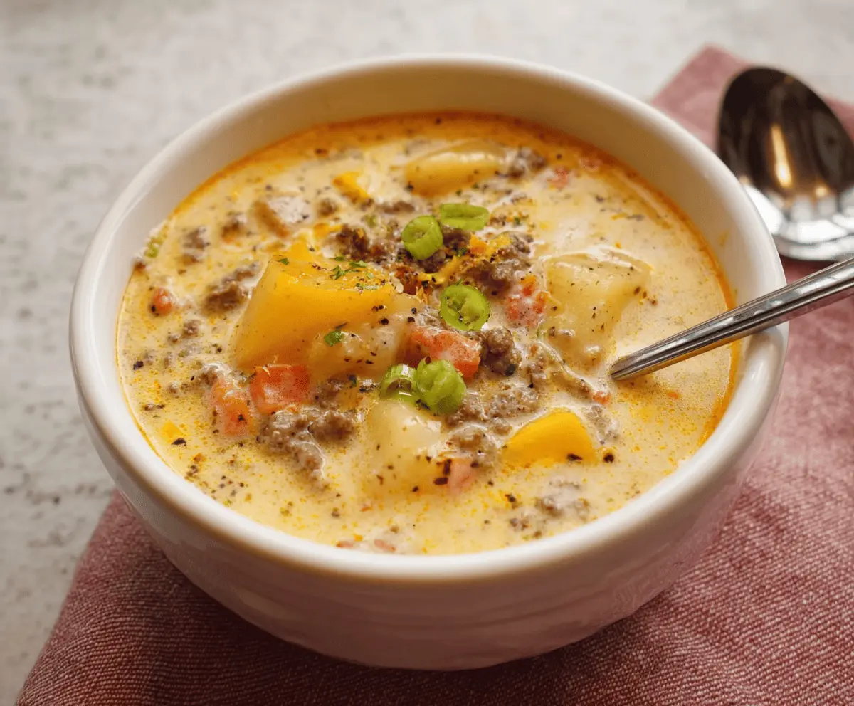 Creamy cheeseburger soup in a bowl with melted cheese, ground beef, and fresh herbs, served with bread on a rustic wooden table.