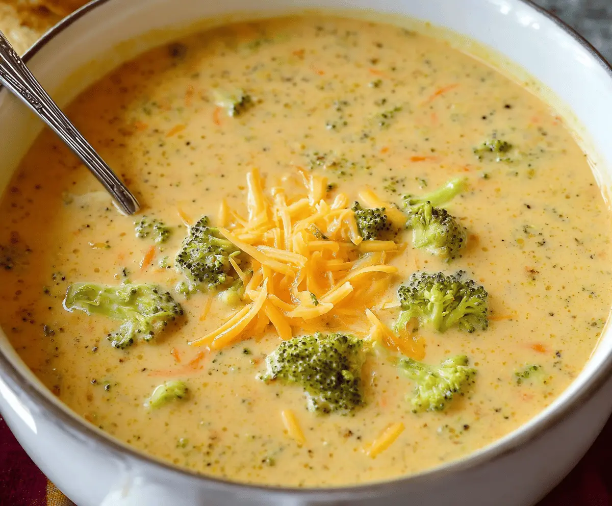 Creamy broccoli and cheddar cheese soup garnished with shredded cheese and fresh herbs in a bowl, perfect for a comforting meal
