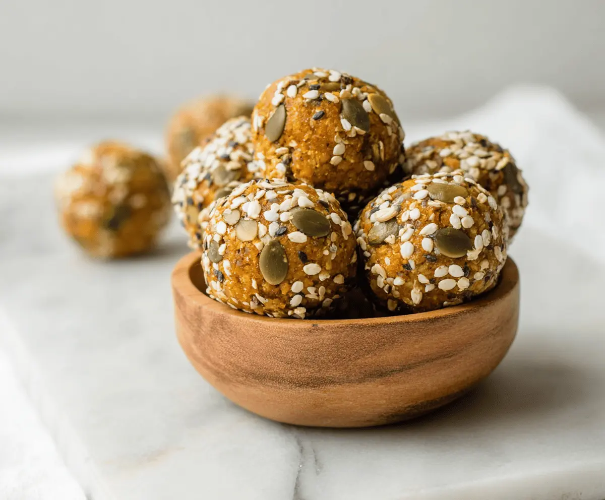 Healthy chia pumpkin protein balls on a white plate, featuring a colorful, nutrient-packed snack with chia seeds, pumpkin puree, and oats.