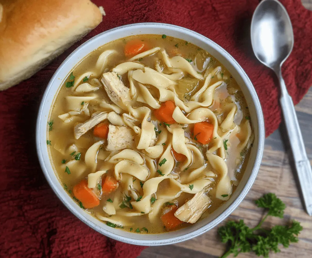 Hearty chicken noodle soup with tender egg noodles, vegetables, and herbs in a bowl, perfect for comfort and warmth