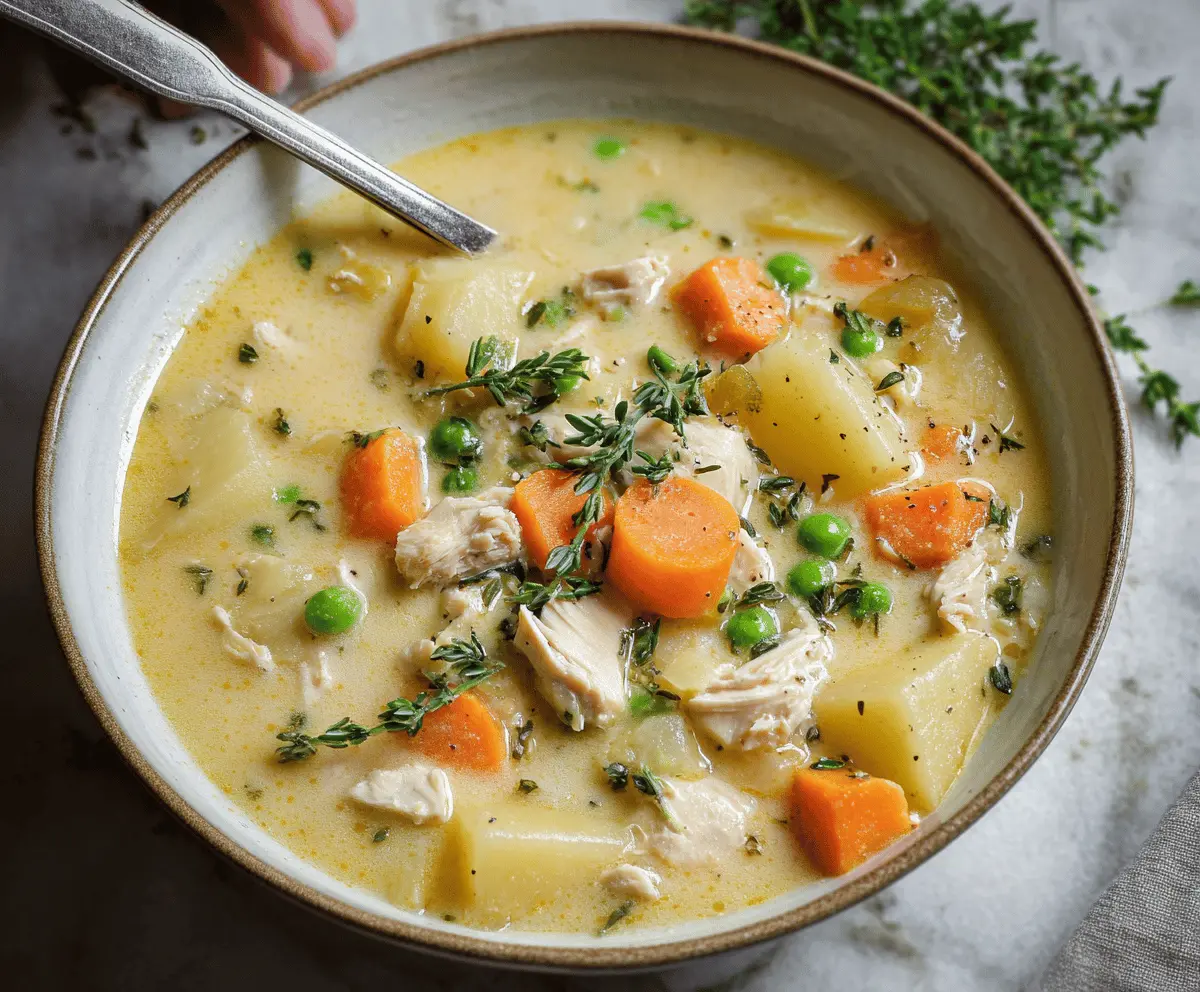 Hearty chicken potato soup served in a bowl with fresh herbs and vegetables, perfect for a comforting meal.