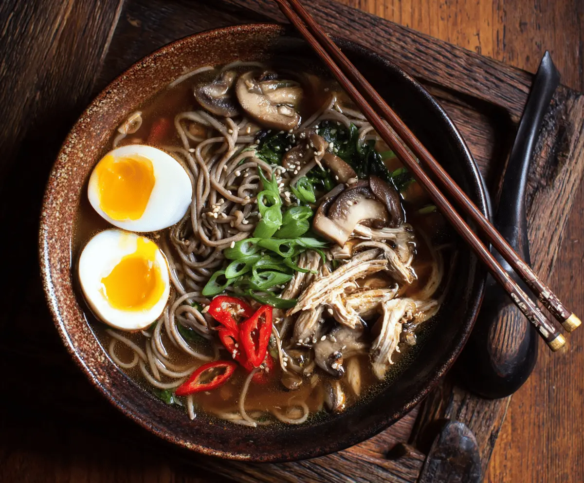 A steaming bowl of chicken soba noodle soup garnished with green onions and fresh herbs, served in a white bowl on a wooden table.
