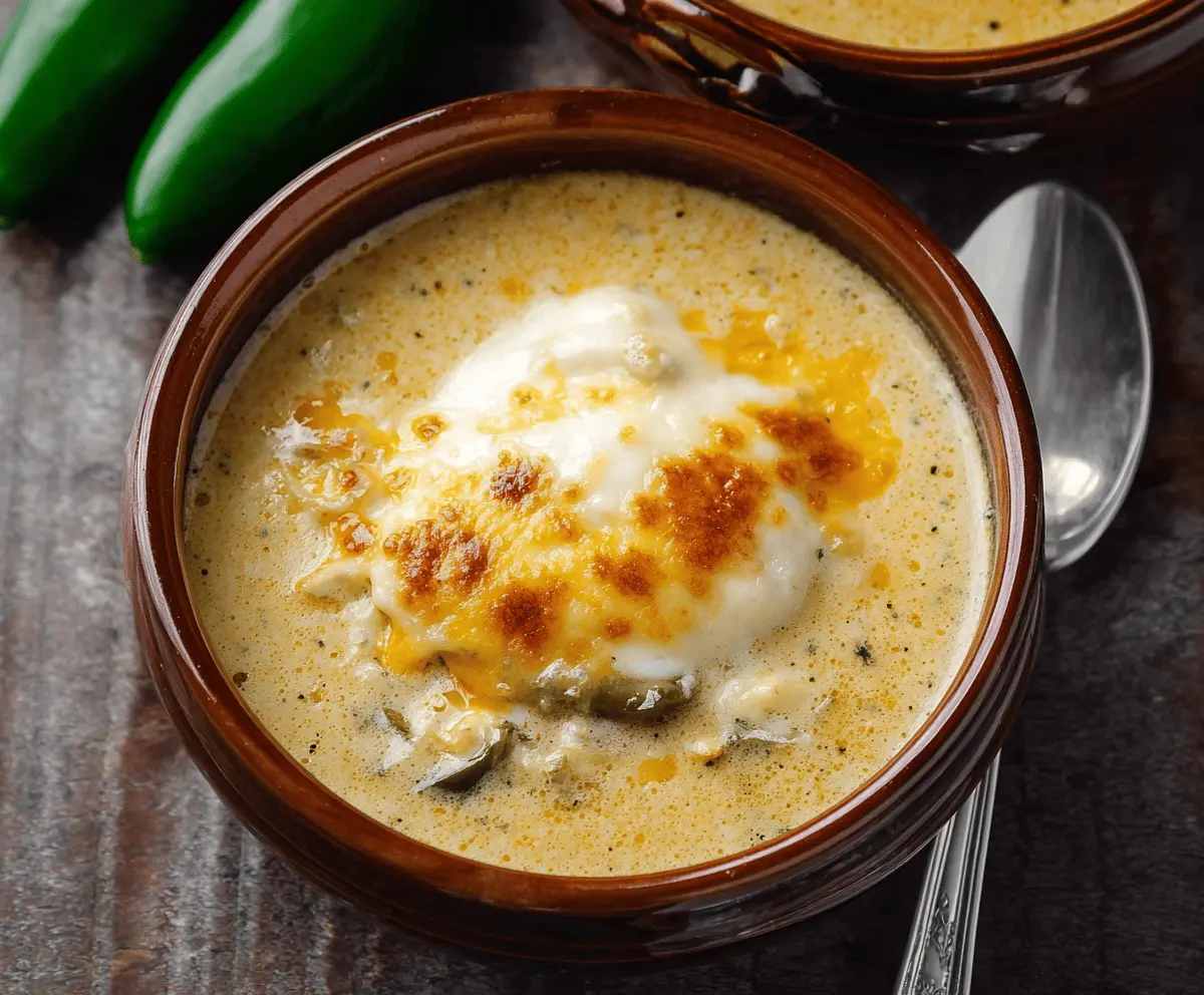 A bowl of flavorful Chile Relleno Soup featuring roasted poblano peppers, melted cheese, and garnished with fresh herbs, served with warm tortilla chips.