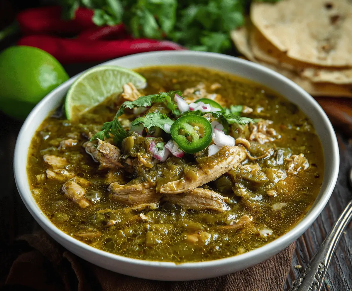Delicious homemade chili verde featuring tender pork, fresh green chilies, and vibrant herbs served in a rustic bowl