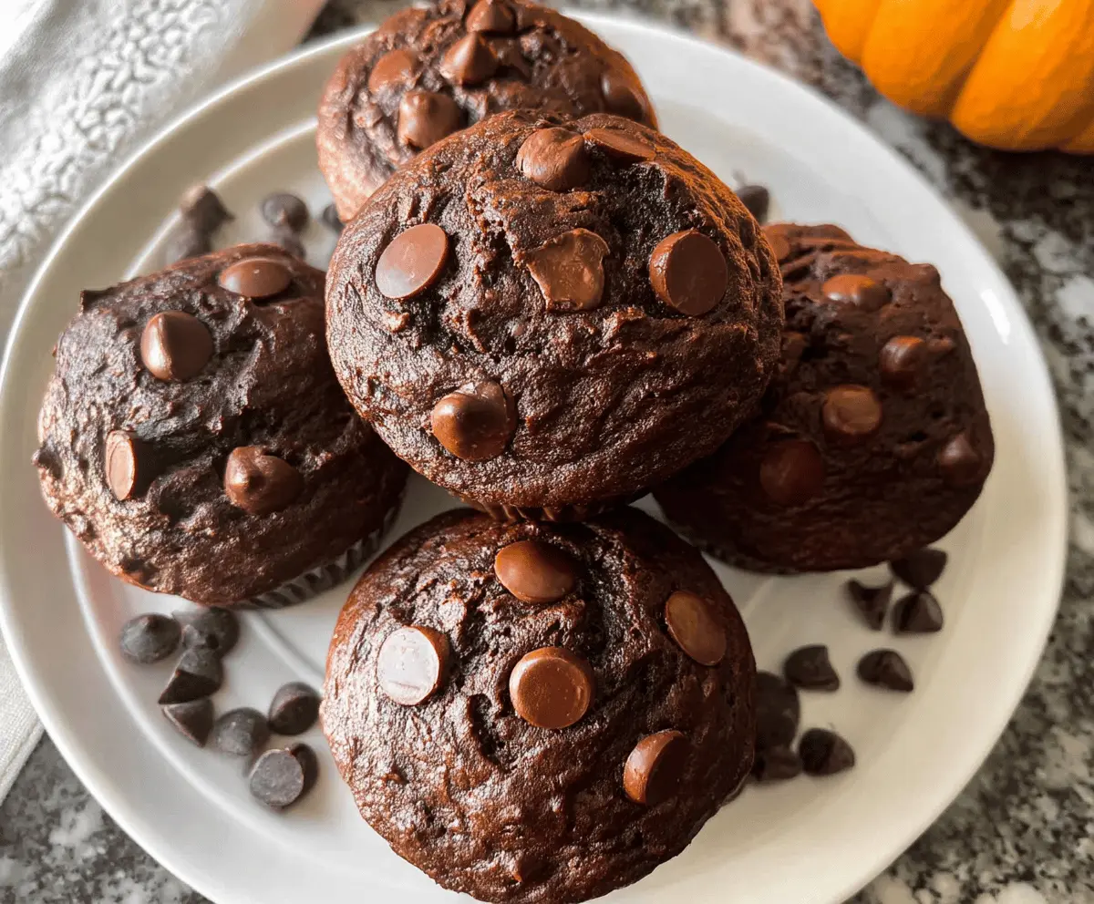 Delicious chocolate pumpkin muffins with chocolate chips and a moist, crumbly texture on a baking tray, perfect for fall treats