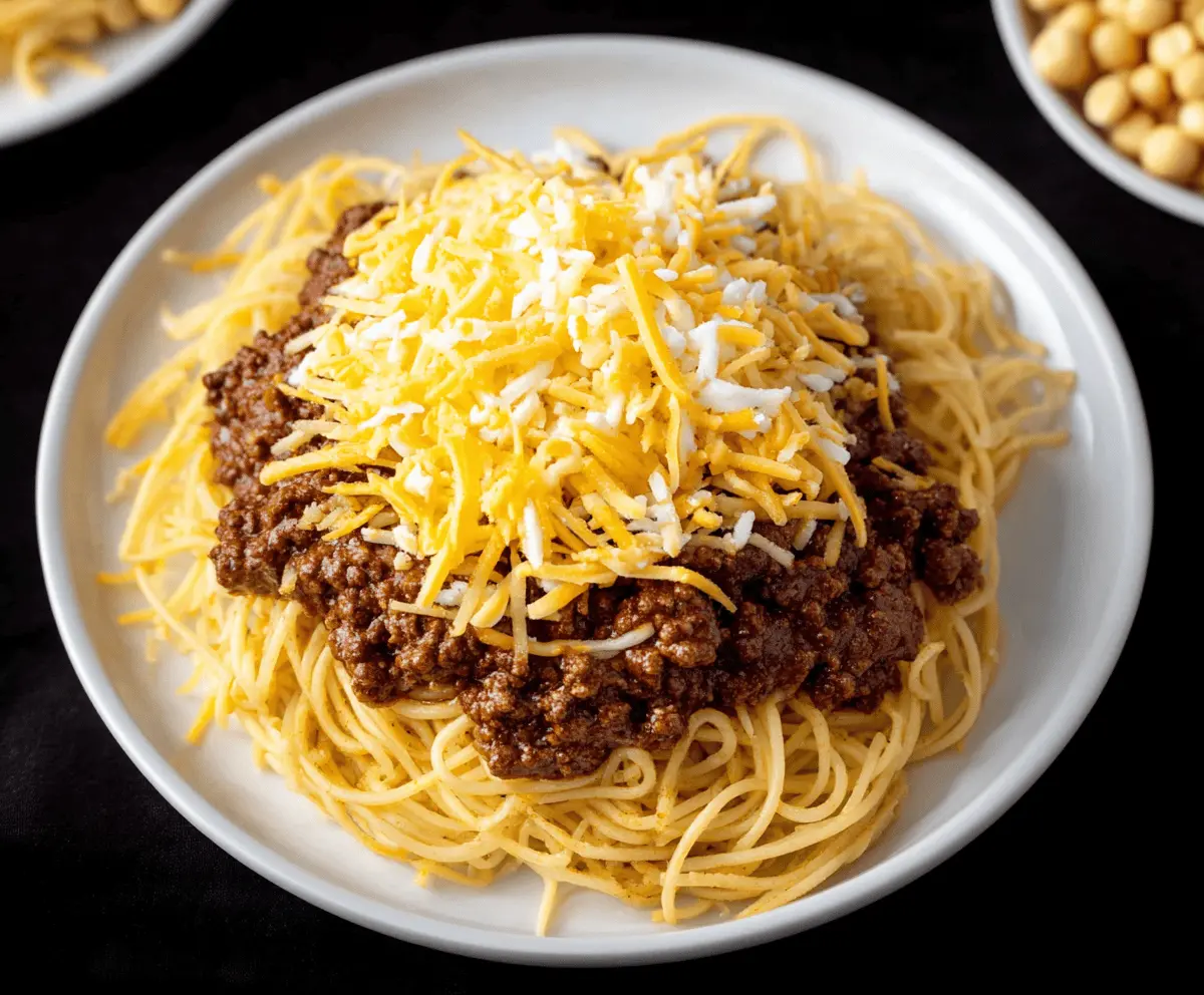 A bowl of authentic Cincinnati Chili topped with shredded cheese, chopped onions, and kidney beans, served alongside crackers on a white plate.