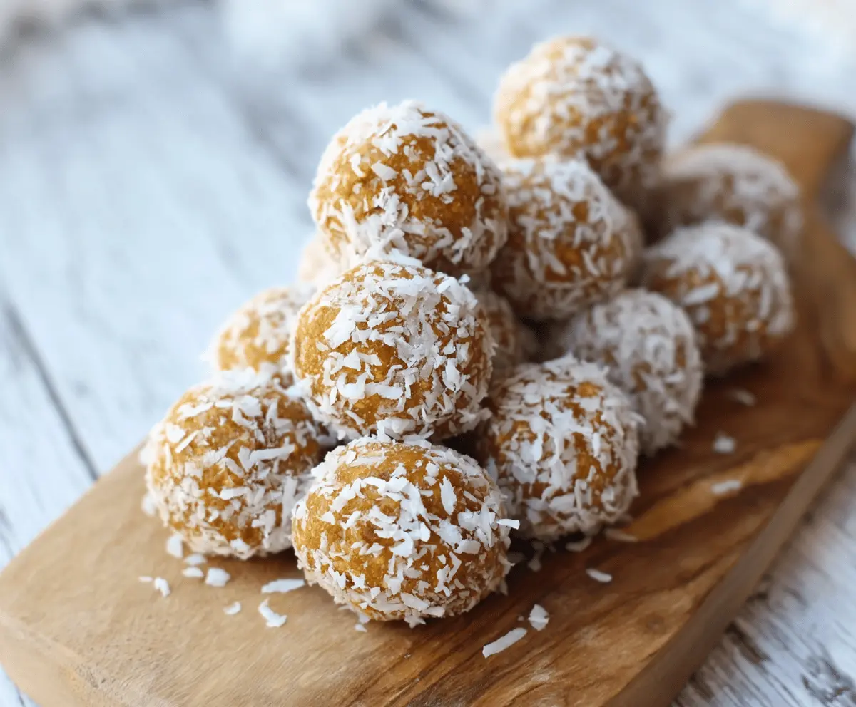 Healthy coconut pumpkin protein balls on a white plate with a spoon, featuring shredded coconut, pumpkin seeds, and a drizzle of honey, perfect for a nutritious snack.