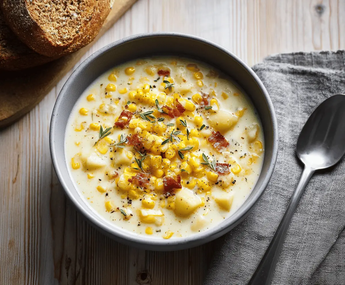 Creamy corn chowder in a bowl garnished with fresh herbs and crispy bacon bits, served with a slice of bread on a rustic wooden table.