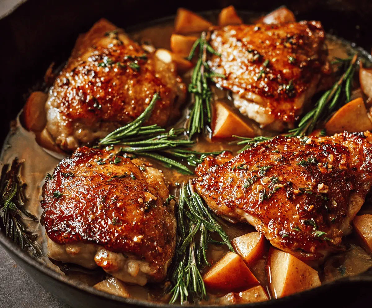 Juicy chicken glazed with warm apple cider and cinnamon, served with fresh apple slices on a rustic plate for a cozy fall-inspired meal.