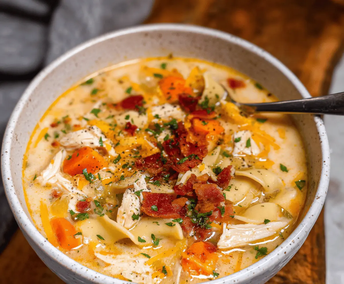 Creamy Crack Chicken Noodle Soup with tender chicken, noodles, and vegetables in a savory broth, perfect for comfort food.