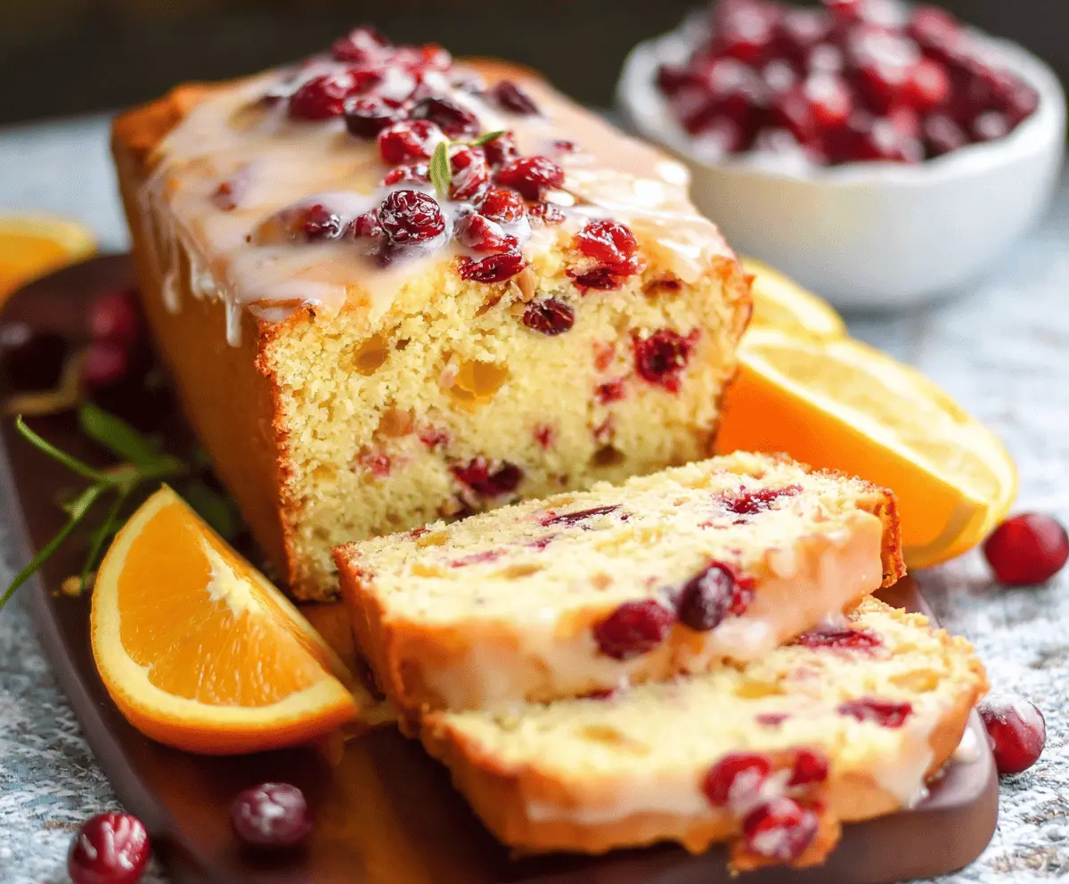 Freshly baked cranberry orange bread with a golden crust, featuring vibrant red cranberries and orange zest, on a rustic wooden table.