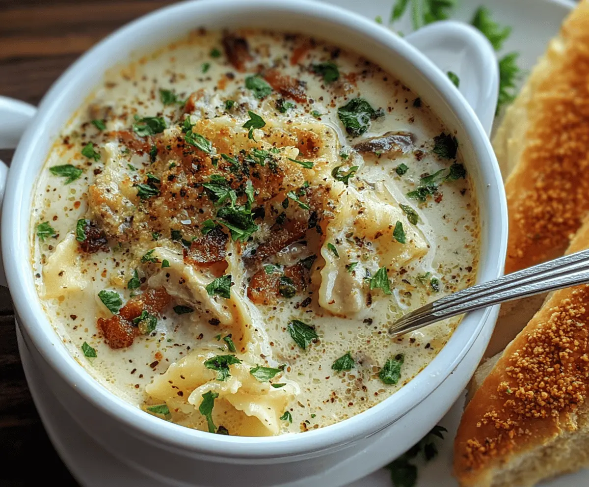 Creamy Alfredo Lasagna Soup in a bowl topped with melted cheese, fresh basil, and grated Parmesan, served alongside garlic bread for a delicious, comforting meal.