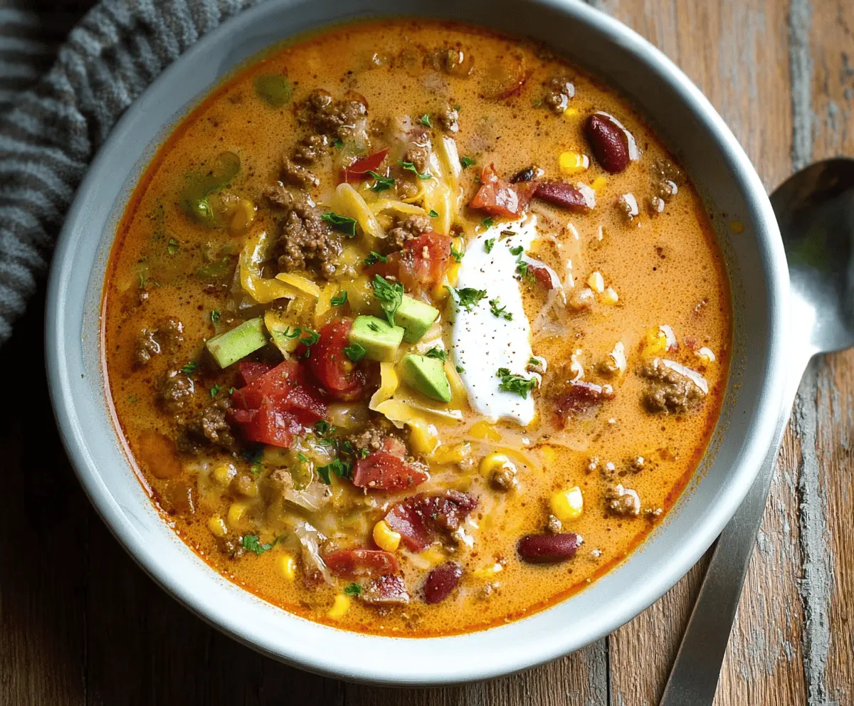 Creamy Beef Taco Soup in a bowl topped with shredded cheese, fresh cilantro, and sour cream, served with tortilla chips.
