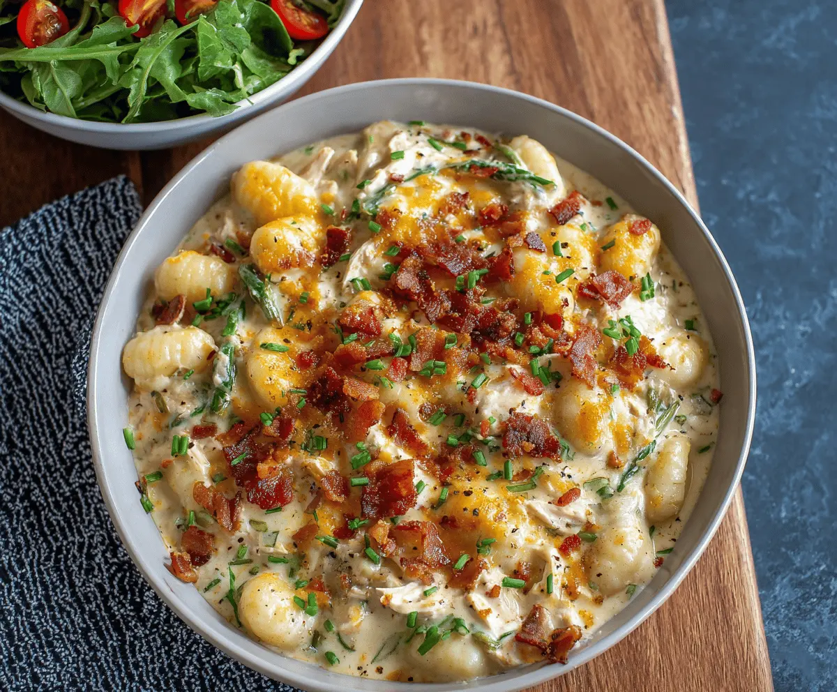 Creamy Crack Chicken Gnocchi served in a bowl, featuring tender gnocchi in a rich, cheesy crack chicken sauce with herbs and shredded cheese, perfect for a comforting meal.