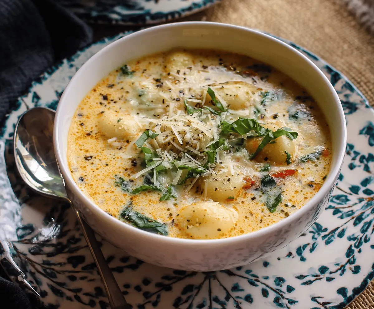 Creamy Gnocchi Soup in a bowl with fresh herbs and vegetables, featuring tender gnocchi, creamy broth, and colorful vegetables for a comforting and hearty meal.