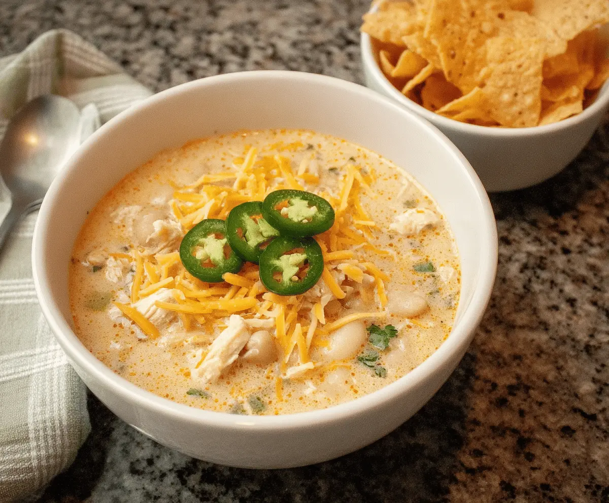 Creamy white chicken chili topped with shredded cheese and fresh cilantro in a bowl, served with tortilla chips on the side.