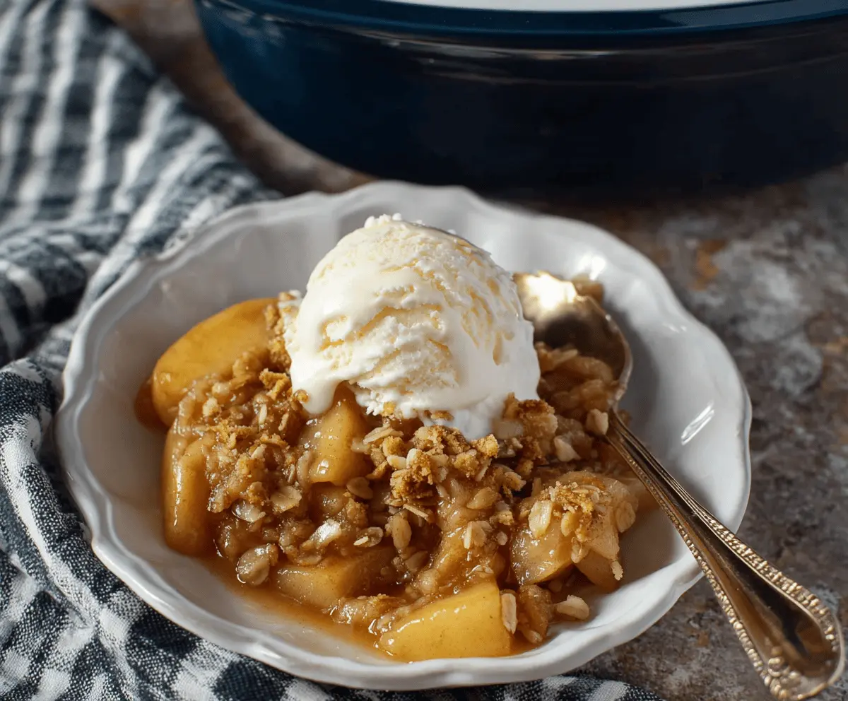 Delicious homemade Crockpot Apple Crisp topped with golden brown crumble and fresh apple slices, served in a bowl
