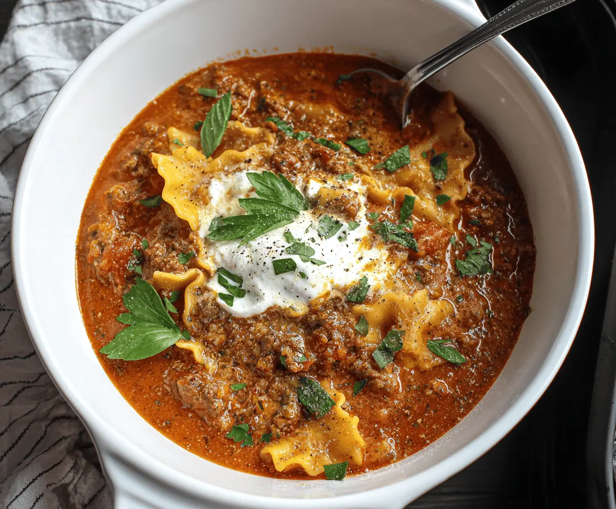 Creamy and hearty Crockpot Cheesy Lasagna Soup served in a bowl with melted cheese, fresh basil, and pasta, perfect for a comforting family dinner.