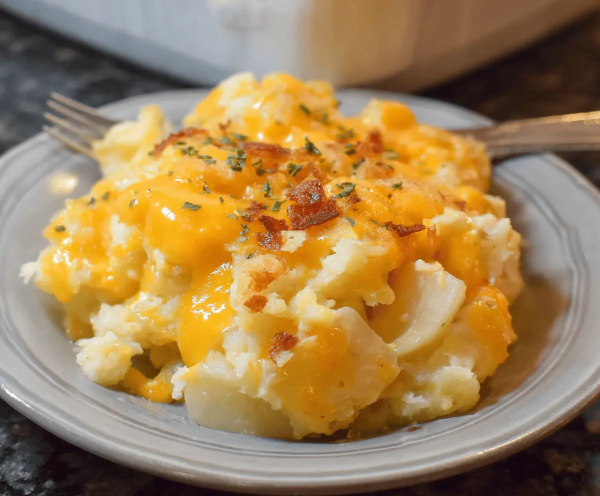 Creamy and cheesy Crockpot Potato Casserole with golden-brown topping, perfect for comfort food dinners.