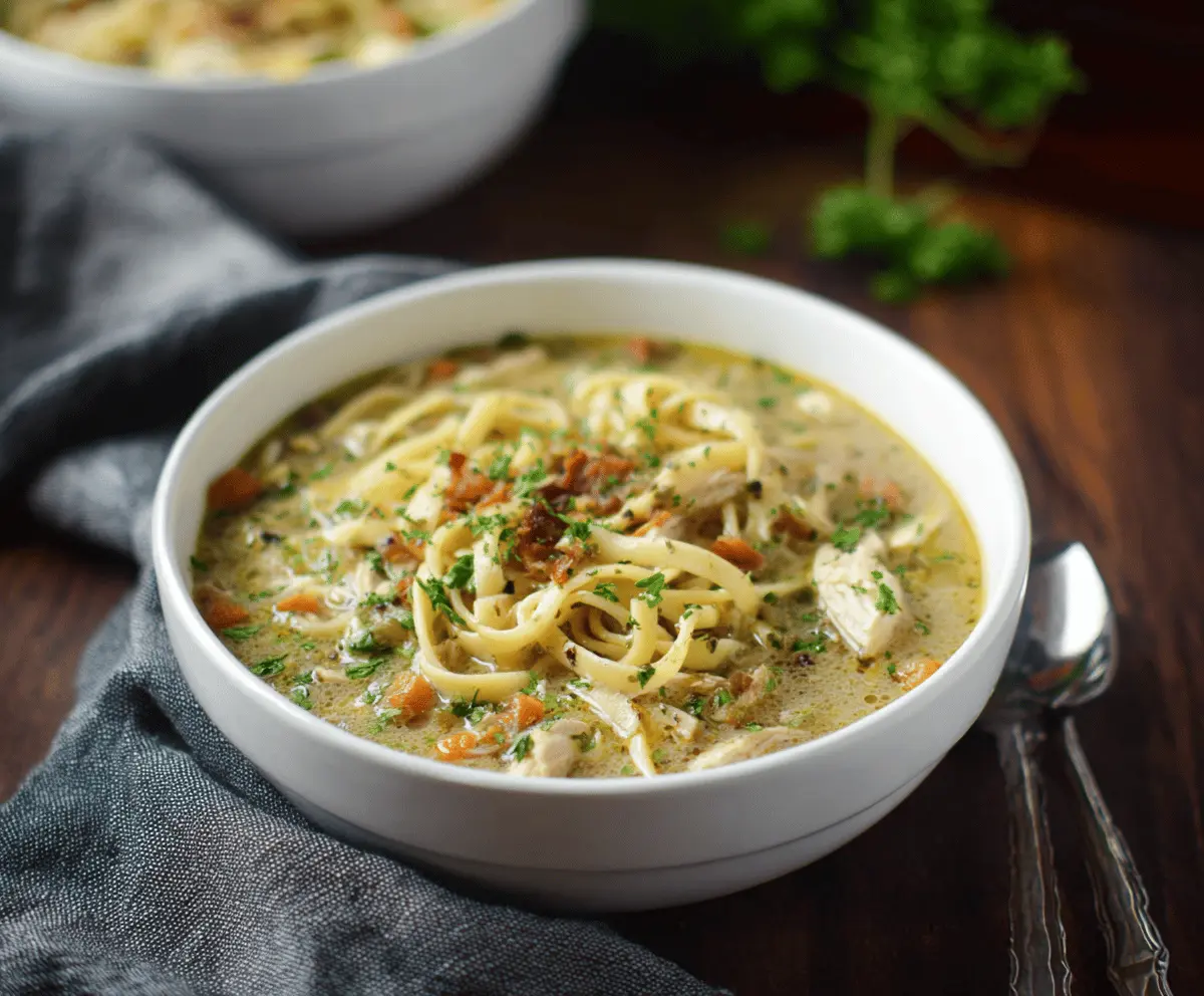 Creamy dairy-free chicken noodle soup in a bowl with tender chicken, vegetables, and noodles, perfect for a comforting gluten-free meal