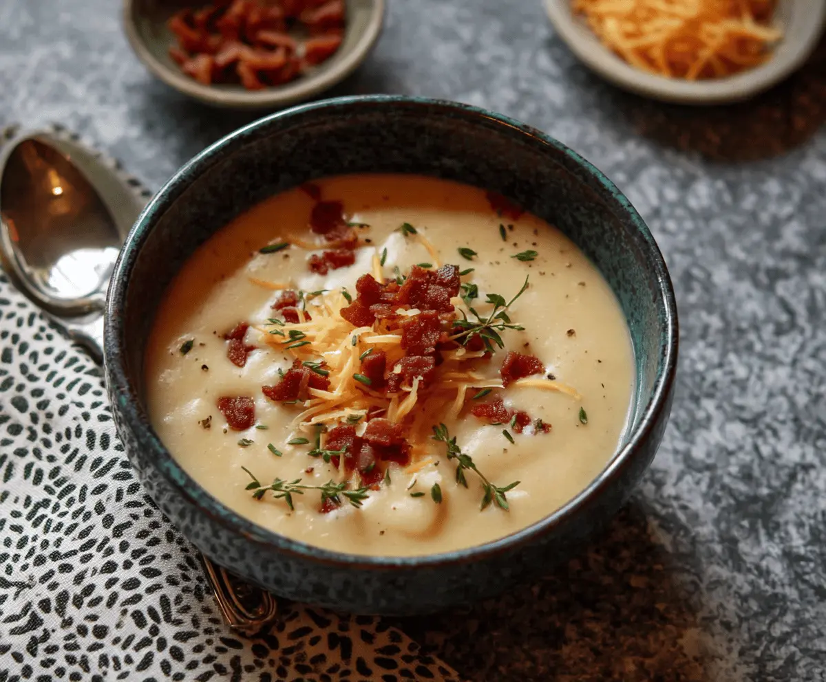 Creamy dairy-free potato soup garnished with fresh herbs in a rustic bowl, perfect for a comforting vegan-friendly meal.