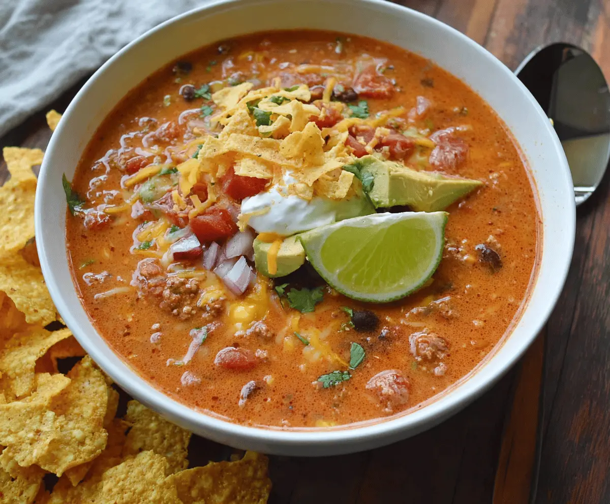 A bowl of hearty dairy-free taco soup garnished with fresh cilantro, diced tomatoes, and sliced jalapenos, served with tortilla chips on the side.