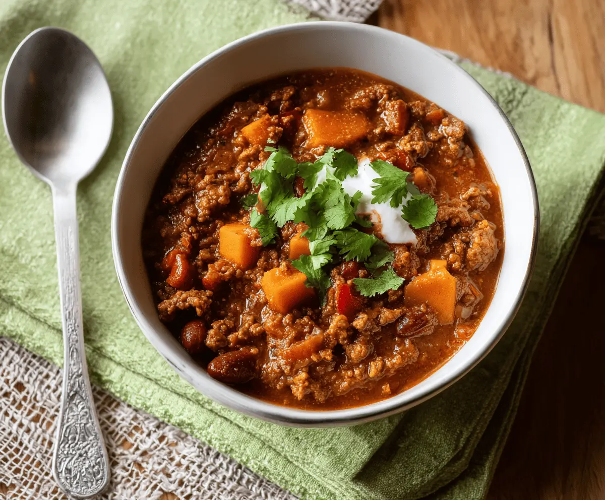 Delicious freezer-friendly chili in a bowl with beans, ground beef, and spices, perfect for quick and easy meals