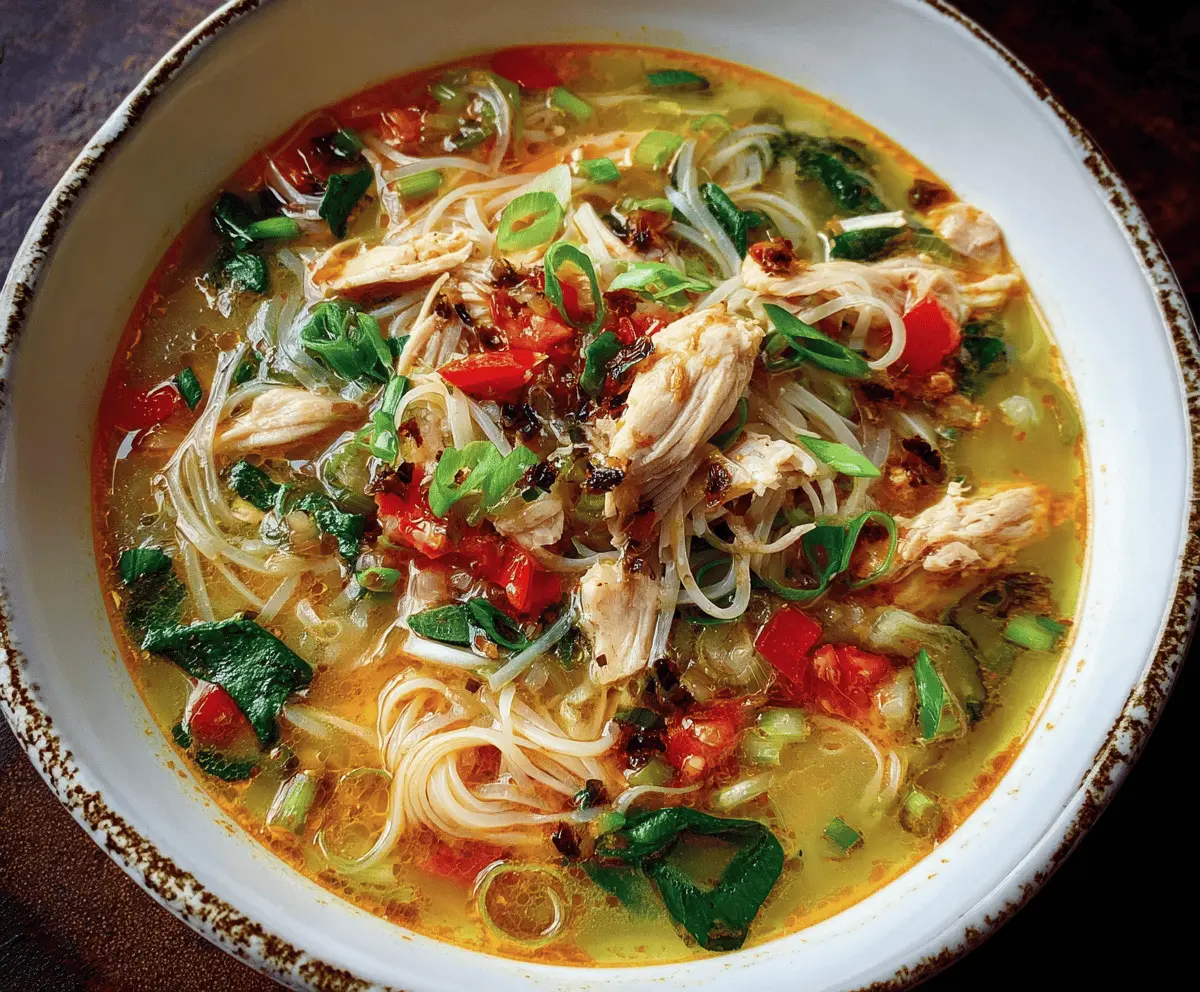 A steaming bowl of Ginger Garlic Chicken Noodle Soup with tender chicken, noodles, fresh ginger, garlic, and vegetables in a flavorful broth, perfect for warming up on a chilly day.