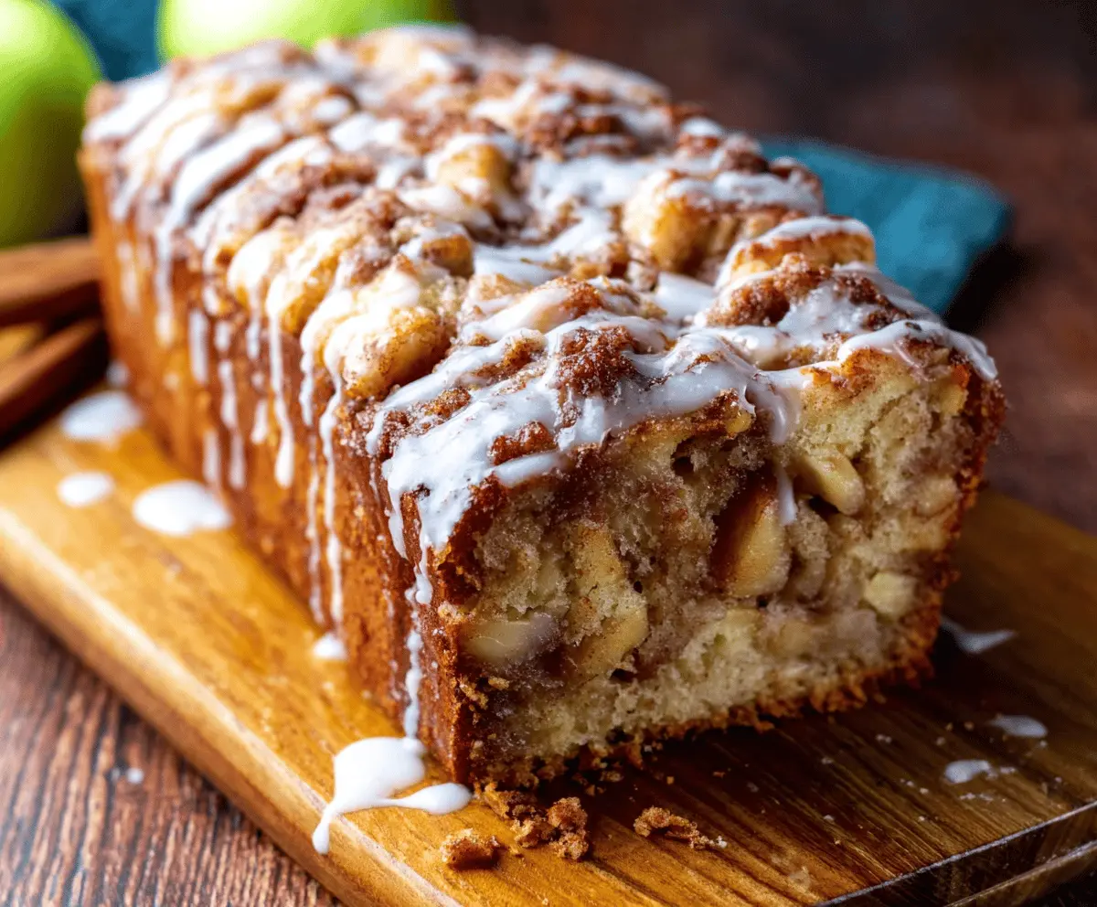Delicious glazed apple cinnamon fritter bread topped with a shiny glaze and cinnamon sugar, perfect for breakfast or dessert