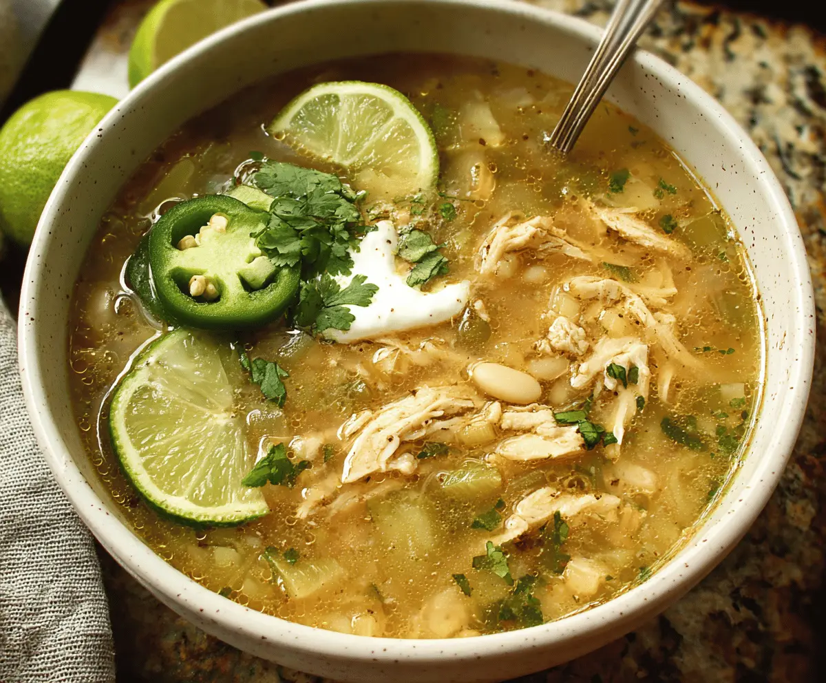 A bowl of flavorful Green Chile Chicken Soup garnished with fresh herbs, featuring shredded chicken, green chiles, and melted cheese for a comforting, spicy meal.
